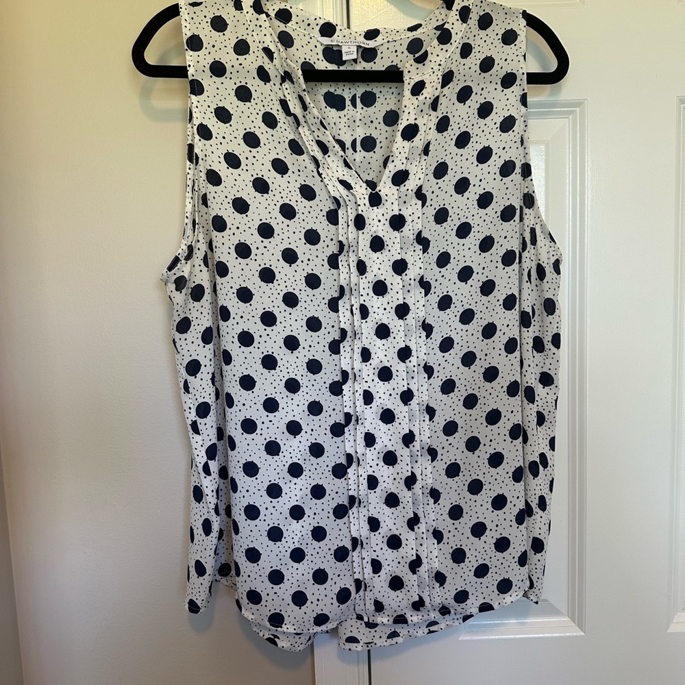 41 Hawthorn White and Blue Buttoned Blouse with Mandarin Collar